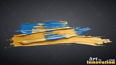 A thick brushstroke of glossy yellow and wet blue paint sweeps across a dark backdrop