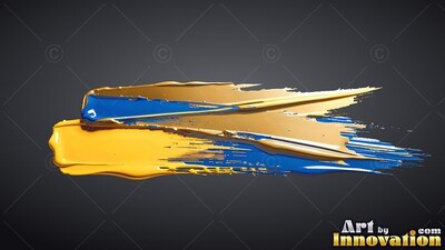 On a dark background, thick strokes of glossy gold and blue paint sweep across