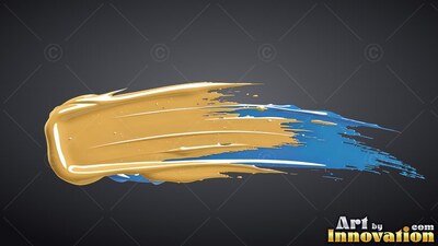 Sweeping across dark gray, a thick stroke of yellow paint trails over bright blue