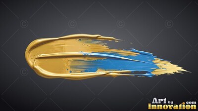 A thick brushstroke of gold and blue paint on gray