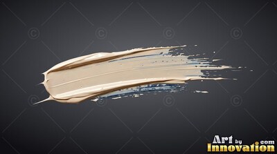 A thick beige paint smear sweeps sideways, catching bright light along its ridges