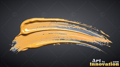 A thick smear of yellow paint sweeps across a deep gray background