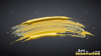 On a dark gray background, a single stroke of thick yellow paint curves across