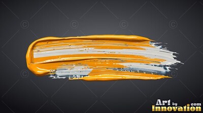 Sweeping across a dark backdrop, a thick stroke of yellow and white paint
