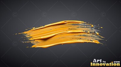 Thick bristle ridges mark a wide yellow paint stroke against a dark gray backdrop