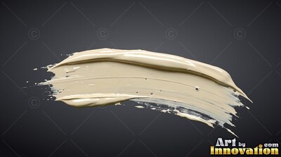 A thick cream paint stroke curves across a gray backdrop, catching soft light along its ridges