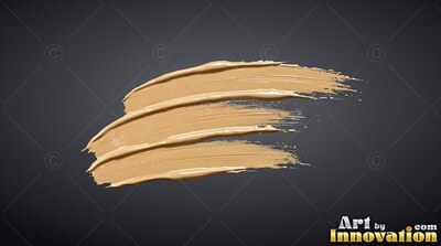 Against a dark gray backdrop, three strokes of glossy gold paint sweep across