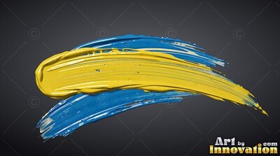 Curving across a dark gray backdrop, thick yellow and blue paint brushstrokes