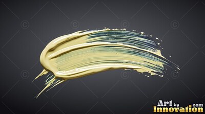 Against a deep gray background, a curved swipe of thick yellow paint shines