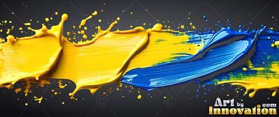 Splashing across dark space, thick yellow and deep blue paint sweeps sideways with wet drips