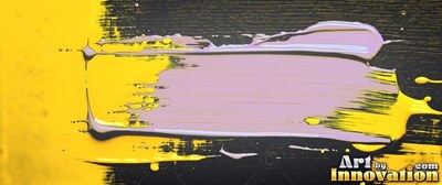 Thick lavender and yellow paint smears smoothly across a dark textured surface