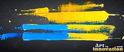 Yellow and glossy blue paint strokes sweep horizontally across a dark gray surface, catching bright highlights
