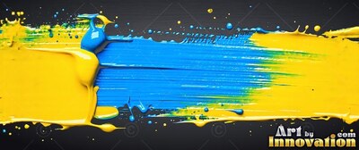 Stretched horizontally across a black surface, thick yellow and wet blue paint splatters