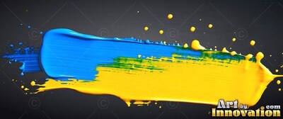 A thick streak of bright blue and yellow paint smeared across a black background