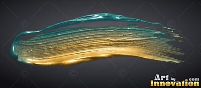 Sweeping across dark gray, a thick stroke of teal and metallic gold paint fades to bristles