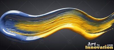 Thick ridges of blue and yellow wet paint curl across a smooth shadowed background