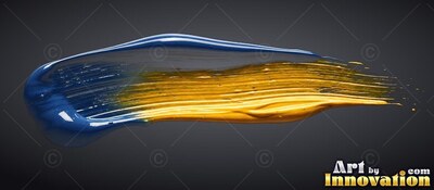 A thick smear of blue and yellow paint sweeps across a dark gray backdrop with bright highlights