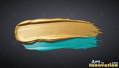 Stretching horizontally against dark gray, deep gold and teal colored paint smears