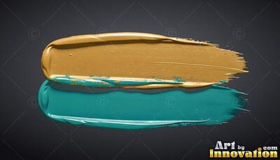 Thick strokes of wet teal paint mixed with gold paint smeared along a charcoal background