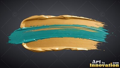 On dark gray, a thick smear of teal paint lies between two yellow-gold paint sweeps