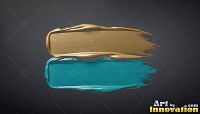 Sweeping across dark gray, two thick strokes of gold and teal paint trail off to the right