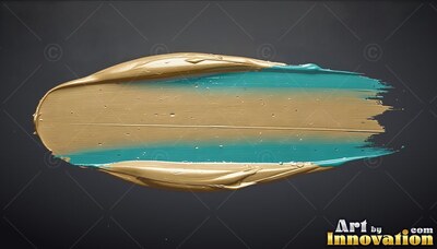 Thick horizontal stroke of yellow-gold paint and teal paint on gray
