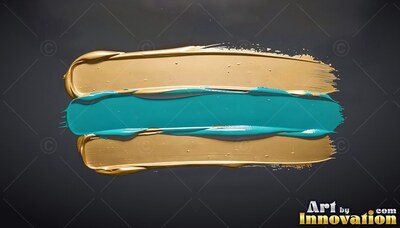 Thick ridges of metallic yellow-gold paint wrap around a teal stripe over a dark gray background