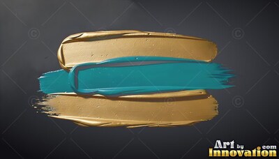 A smear of teal paint lies across deep gold strokes, catching bright studio light