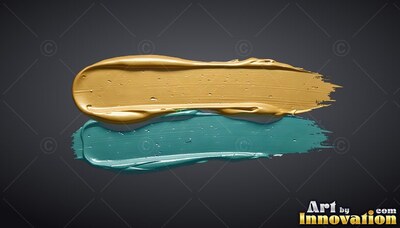 Stretched flat across a dark surface, thick gold and teal paint smears overlap