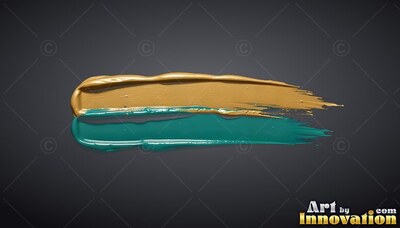 Two thick brushstrokes of glossy teal and gold paint across a dark gray backdrop