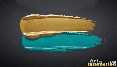 On a dark gray background, a thick stroke of gold paint rests over teal paint