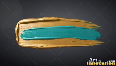 Sweeping horizontally across dark gray, a broad gold brushstroke carries teal paint