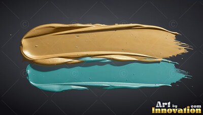 Thick gold and teal paint smears on a dark gray surface