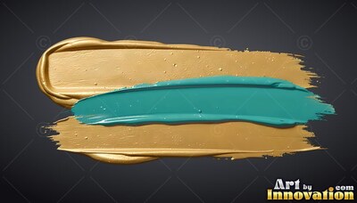 Thick teal paint streaks over a broad stroke of metallic gold paint on a dark gray backdrop