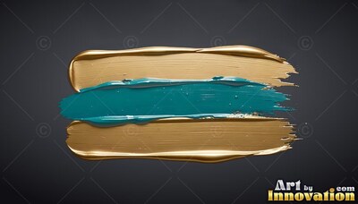 A thick turquoise paint stroke rests between two metallic gold bands over a plain dark gray background