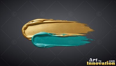 Swept horizontally on dark gray, thick yellow-gold paint and teal streaks of paint overlap
