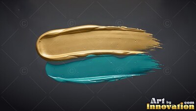 Thick teal and wet gold paint smears rest side by side on dark gray
