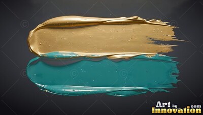 Against a dark gray surface, deep gold and teal paint sweeps across horizontally