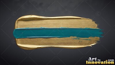 Stretching across black space, a thick metallic gold paint smear holds a teal stripe