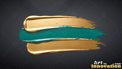 Teal paint brushstroke between two gold strokes on dark gray