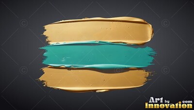 Thick sweeps of paint sweep horizontally across dark gray with glossy teal between gold