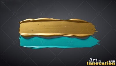 Horizontal sweeps of gold and turquoise paint lie on a dark gray surface