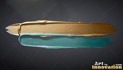 Heavy gold and teal paint smeared horizontally over a dark gray backdrop