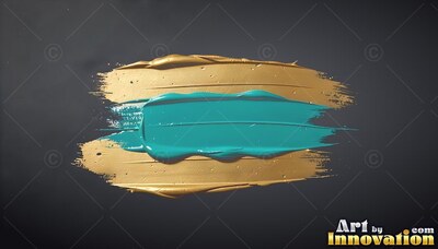On a deep gray background, thick turquoise paint coats a wide gold smear