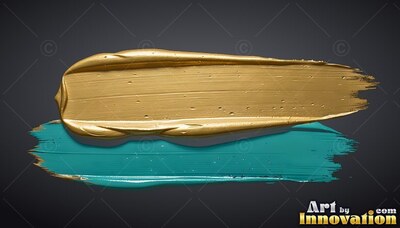 Streaking horizontally, a thick gold paint smear rests over a teal brushstroke