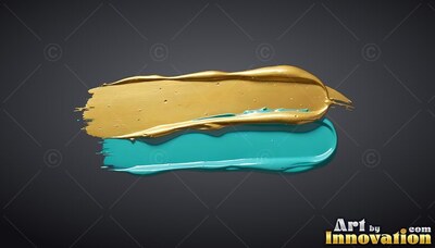 Heavy gold and turquoise paint strokes on dark gray