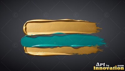 Glossy ridges of teal and gold paint layered horizontally across dark gray