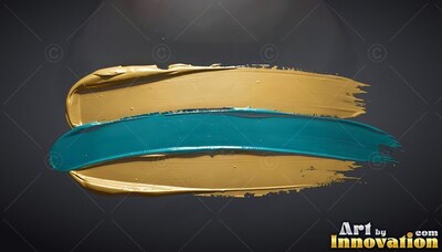 A teal paint streak layers over dense gold brushstrokes on a dark gray surface