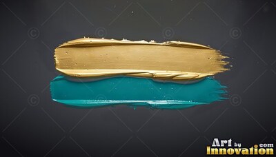 Stretched horizontally across a gray surface, teal paint mixed with gold streaks of paint