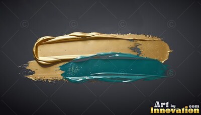 A deep gold paint stroke layered over a teal brushstroke on dark gray